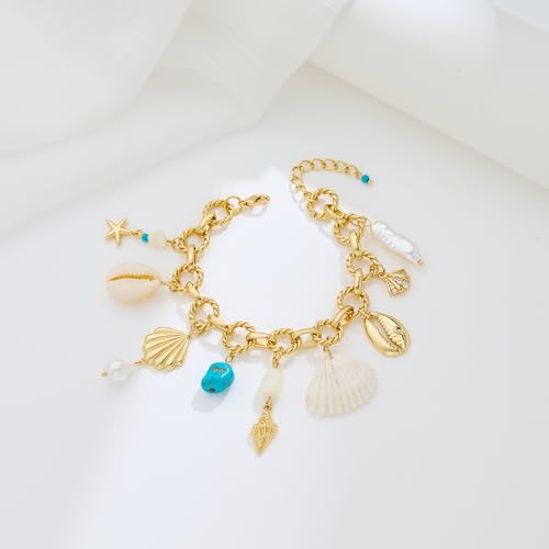 Gold Charm Bracelet for Women Boho Adjustable Shell Starfish Bracelet Summer Beach Ocean Statement Bracelets - color: Ocean charms bracelet