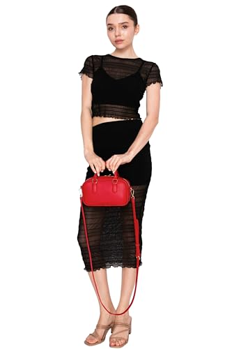FashionPuzzle Mini PU Leather Satchel Purse Top Handle Crossbody Bag - color: Red