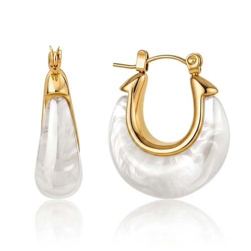 Fullpop Vintage Earrings for Women, Chunky 14K Gold Plated Resin Hoop Earrings Lightweight Hollow Drop Earrings Hypoallergenic Earrings for Women Vintage Anthropologie Jewelry Gifts for Women - size: Round-Light White