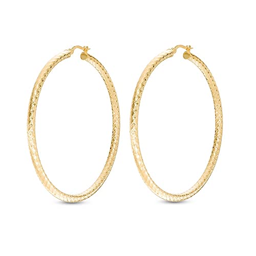 TGP 18K Gold Plated Twist Engraved Hoop Earrings for Women, Lightweight Gold Round Tube Hoops 60mm