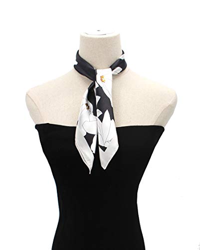 ANDANTINO 100% Mulberry Silk Scarf -21” Square Neckerchief with Gift Packed - color: Black&white Flowers