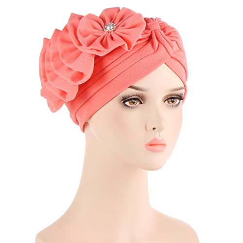 Flower Turban Hats for Women - Ruffle Bead Stretch Solid Caps Chemo Cancer Pre Tied Headscarf Headwear - color: Watermelon Red