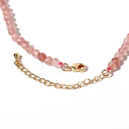 Simple Choker Necklace for Women Real Stone and Crystals Necklaces 4mm Beaded Choker Jewelry Meditation Gift for Women (16"+2") - style: Strawberry Quartz