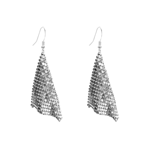 Sequin Earrings for Women Metal Mesh Grid Sequins Tassel Long Drop Dangle Earrings Trendy Charms Bridal Wedding Jewelry - color: Silver