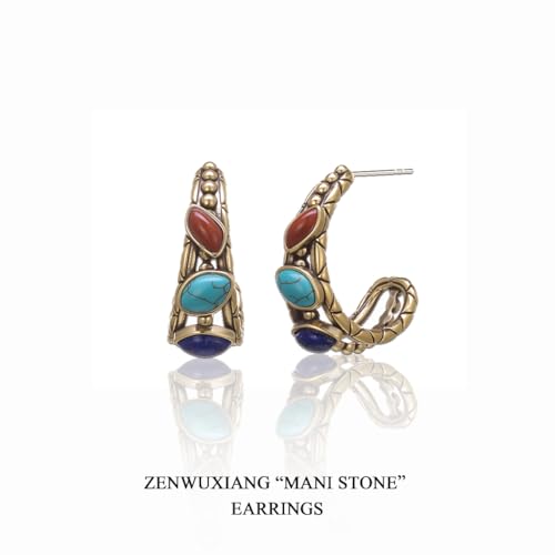 Zenwuxiang Tibetan Mani Stone Hoop Earrings for Women, Vintage Brass with Natural Turquoise, Lapis Lazuli & Red Jasper, Ethnic Boho Tibetan Style Jewelry