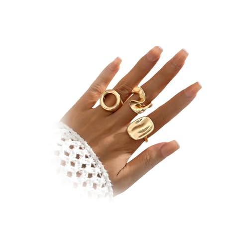Chunky Vintage Gold Statement Dome Rings Set for Women Dainty 14K Gold Geometric Circle Hollow Knuckle Finger Ring Punk Silver Textured Midi Jewelry - color: Gold