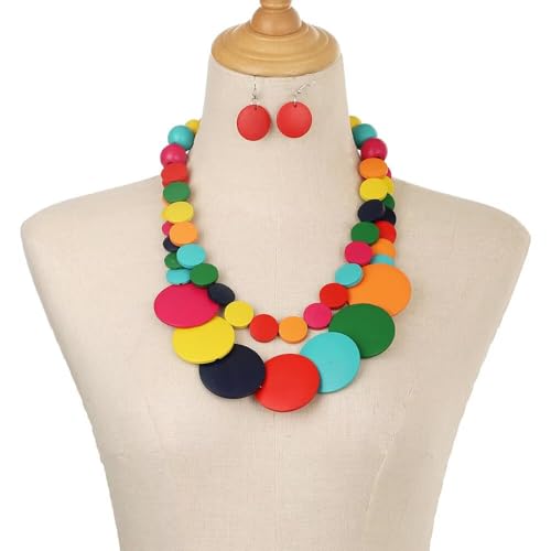 Zian Colorful Wooden Round Beaded Necklace Earrings Jewelry Set for Women Multicolor African Wood Beads Geometric Ethnic Choker Bohemian Statement Accessories - color: Colorful