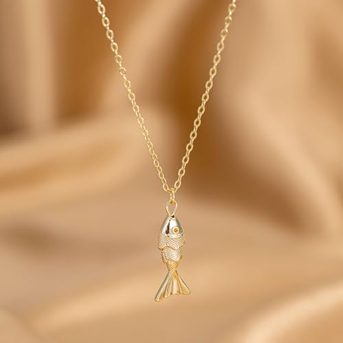 VRIUA Gold Necklace for Women - 14K Gold Plated Dainty Italian Horn Star of David Butterfly Bow Sun Lotus Volleyball Baseball Cowboy Boots Necklace Jewelry Everyday for Women - style: Fish