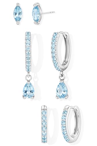 14K Gold Plated Small Huggie Hoop Earrings Set for Women, Hypoallergenic Dainty Sterling Silver Dangle Studs for Cartilage Helix, Lightweight Trendy Cute Stack Birthstone Jewelry Gift - color: 03_Aquamarine_Mar_Silver