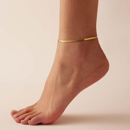 Dainty Ankle Bracelets for Women 18K Gold Plated Satellite Beaded Herringbone Lip Chain Anklets Simple Minimalist Summer Beach Foot Jewelry Christmas Gifts - color: 3mm Snake-Gold
