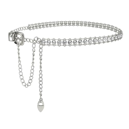 YooAi Chain Belts Leather Waist Belt for Women Layered Metal Chain Belt - size: XS/S: fits waist from 26"-30", style: Silver Rhinestsone