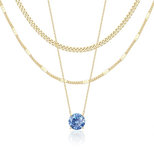 WomenGifts Layered Gold Necklaces for Women, 14K Gold Sterling Silver Plated Dainty Pendant Necklace Set Non Tarnish, Chunky Stackable Cuban Chain Choker, Trendy Birthstone Vacation Jewelry Gift - color: Gold, style: Cubic Zirconia-Created Topaz-Dec