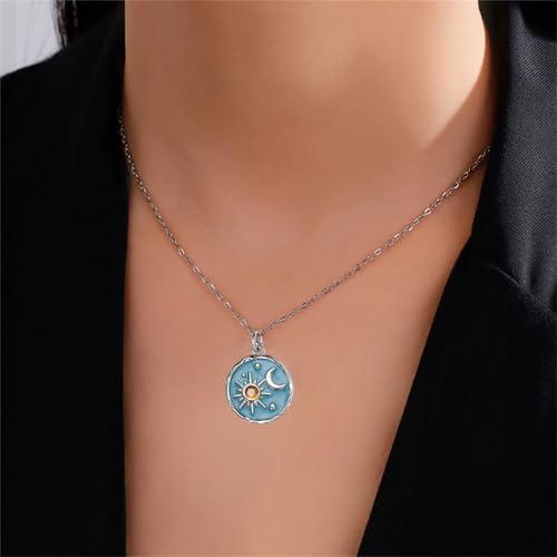 Dreuyet Vintage Sun Moon Earrings and Necklace Set for Women Boho Antiqued Crytal Sun Moon Dangle Drop Earrings Necklace Unique Handmade Retro Round Coin Celestial Jewelry Gifts - color: Silver Blue