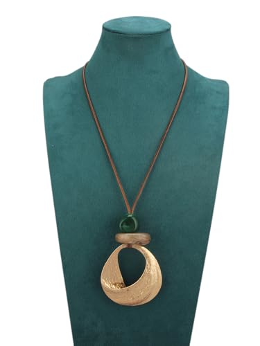 Boho Necklace for Women, Long Chunky Leather Hammered Pendant Adjustable Handmade Jewelry
