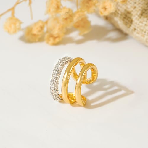 MTMY Gold Ear Cuff Earring for Women 14K Gold Plated Cubic Zirconia Non-Pierced Clip on Cartilage Chunky Ear Cuffs Hypoallergenic Jewelry - style: cz triple