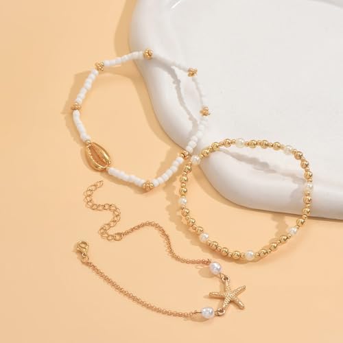 Ankle Bracelets for Women Waterproof Beach Jewelry for Women Elastic Beaded Anklets Boho Seashell Pearl Starfish Anklets for Women Foot Jewelry - style: 5 - 3 layer starfish shell bead