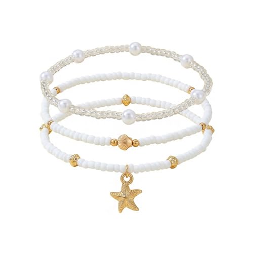 Gold Starfish Anklets for Women Seashell Ankle Bracelet Boho Stack Stretch Beaded Anklet Set Summer Beach Jewelry - style: A Style