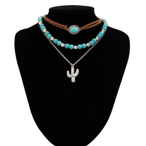 Fuqimanman2020 Boho Layered Western Necklaces for Women Cowgirl Cactus Turquoise Beaded Ox-head Hat Pendant Country Concert Jewelry - color: D