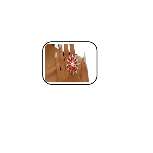 Vintage Rhine Sunflower Ring,Colorful Large Flower Rings Crystal Sunflower Finger Joint Opening Rings Wedding Party Ball Jewelry Accessories for Women - color: Red
