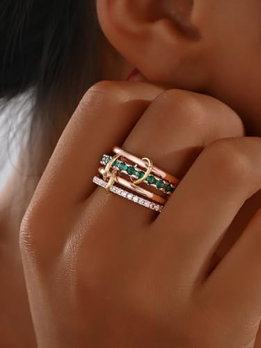 HERSIN Stackable Interlocked Rings for Women Non Tarnish, 18K Rose Gold Plated Green Cubiz Zirconia Ring Chunky Rings Mixed Metal Multi Ring Dainty Stacking Rings Set Gold Jewelry for Women Gifts - color: RoseGold