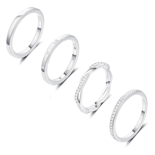 TOBENY Stackable Silver Gold Rings for Women Non Tarnish 14K Gold Plated Cubic Zirconia Ring Set Trendy Dainty Engagement Wedding Bands Thumb Rings Stacking Promise Statement Rings Jewelry Size 6-10 - color: 02-4Pcs Silver Stacking Rings