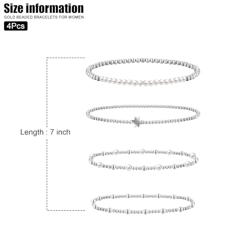 VIBILIA Gold Beaded Bracelets Set for Women 14K Gold Plated Dainty Pearl Cross Bracelet Stack Stretch Bracelet Set Fashion Accessories Gifts - color: 4P-#05-BK-Silver