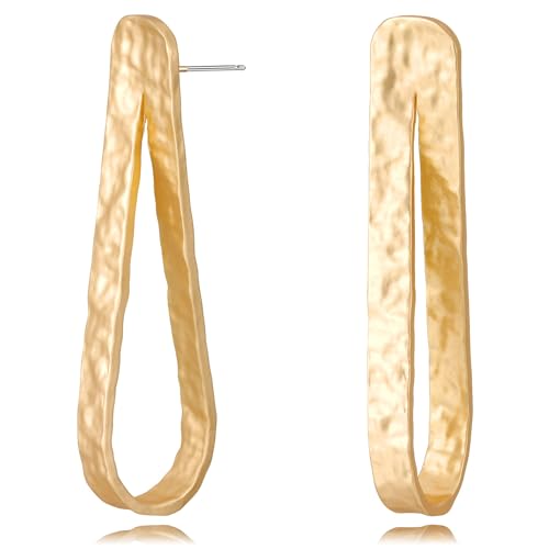 Stud Earrings for Women 14k Gold Plated Geometric Dangle Earrings Lightweight Minimalist Handmade Hammered Texture Oval Disc Drop Double-layer Big Hoop Dangle Earrings for Women - color: Long Gold Hoop