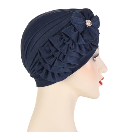 Flower Turban Hats for Women - Ruffle Bead Stretch Solid Caps Chemo Cancer Pre Tied Headscarf Headwear - color: Navy