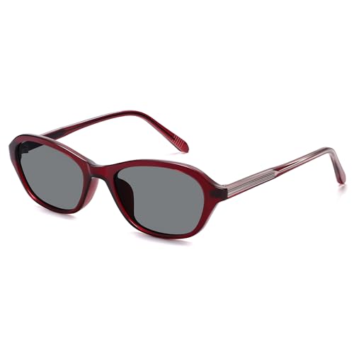 SOJOS Retro Oval Sunglasses for Women Trendy Cat Eye Narrow Chic Y2K 90s Sunnies SJ2685 - color: Burgundy/Grey