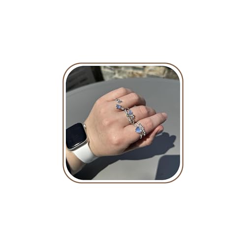 3Pcs Multi-Layered Ocean Blue Rhinestone Heart Flower Rings for Women Teens Gifts Trendy Stuff Boho Stackable Love Silver Ring Set Vintage Crystal Knuckle Stacking Rings Christmas Gifts Stacking Stuffers