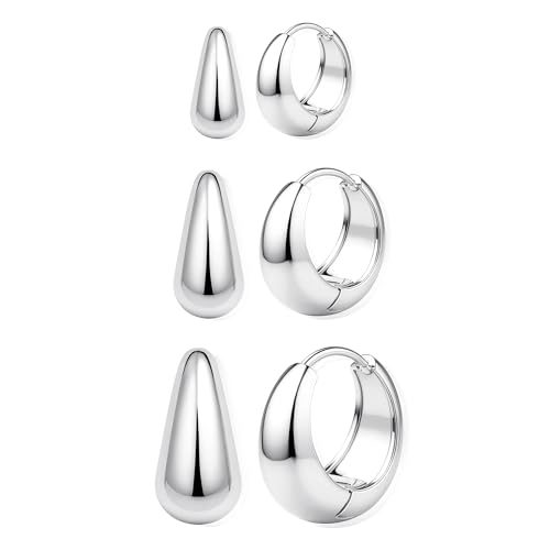 BESTEEL 3Pairs 14K Gold Plated Hoop Earrings Set for Women Chunky Earring Silver Plated Hypoallergenic Small Huggie Hoops Lightweight Tiny Thick Trendy Hoop Earrings Stacks for Multiple Piercing - color: silver plated