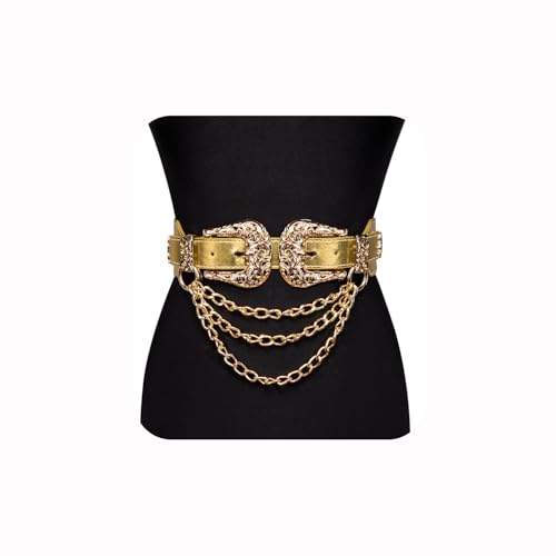 Dubulle Womens Belt Chain Leather Belts Vintage Western Adjustable Elastic Double Buckle for Cowboy Pant Dress - color: Gold