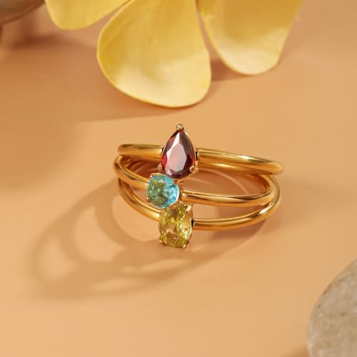 14K Gold Plated Stackable Rings for Women Non Tarnish - Dainty Cubic Zirconia Engagement Ring Set Colorful Birthstone Statement Promise Stacking Rings Size 6-9 - color: MIX COLOR