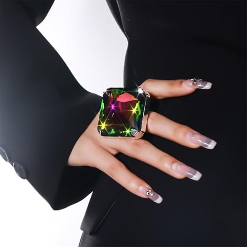 Large Different Color Square Sparking Rhinestone Ring, Exaggerated Vintage Geometric Crystal Glass Rings for Women Oversized Big Chic Party Jewelry Gift - color: Colorful
