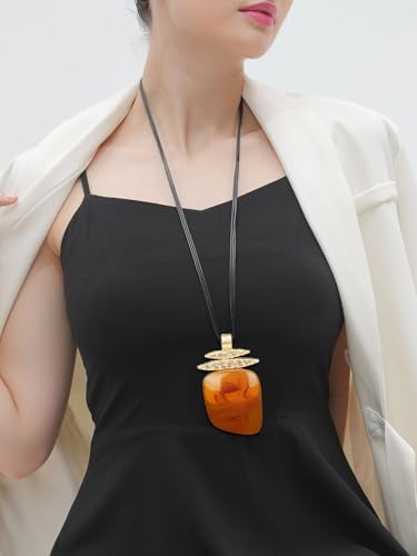 GelConnie Leather Necklace for Women Large Pendant Long Brown Necklace Circle Leather Choker Vintage Sweater Necklace Gold Chunky Boho Necklaces for Women - style: Brown Stone Necklace