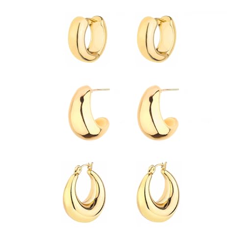 HILXURY Gold Chunky Hoop Earrings Set for Women, 14K Gold Plated Twisted Huggie Hoop Earring Hypoallergenic, Thick Open Hoops Set Lightweight - color: 3 gold hoops chunky