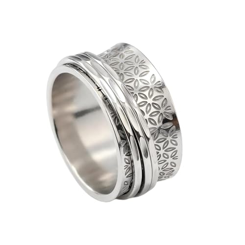 Stainless Steel Rings for Men Women, Vintage Chunky Silver Spinner Ring Band for Meditation, Relaxation& Stress Relief, Retro Wide Wrap Thumb Finger Midi Rings, Statement Cool Punk Band Ring Jewelry - color: R08Color4