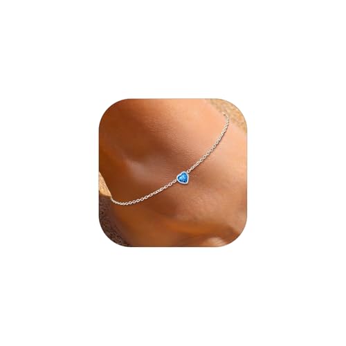ChicSilver 925 Sterling Silver Anklets for Women, Simple Dainty Round/Heart Birthstone Ankle Bracelet Beach Foot Jewelry, 8.7-10.7 Inch Adjustable - color: 12. Heart - December(Blue Topaz)