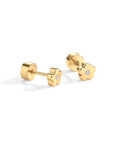PAVOI 14K Gold Plated Dainty Flat Back Earrings for Women - Hypoallergenic Sterling Silver Posts Helix Cartilage Piercing Jewelry - Emoji Motif Bow Celestial Flatback Gold Stud Earrings Screw Back - style: Flower