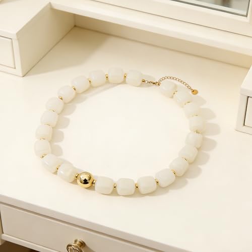 Chunky Beaded Necklace for Women Boho Colorful Statement Choker Necklaces Summer Beach Resin Jewelry Accessories - color: White