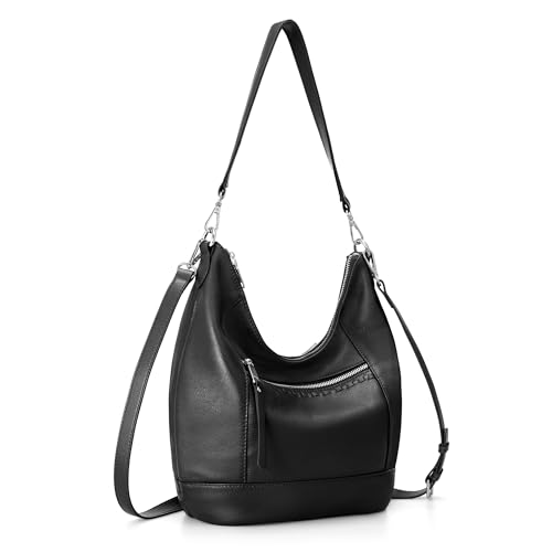befen Genuine Leather Crossbody Hobo Purse for Women Soft Lightweight Leather Handbags with 2 Removable Straps - color: Black