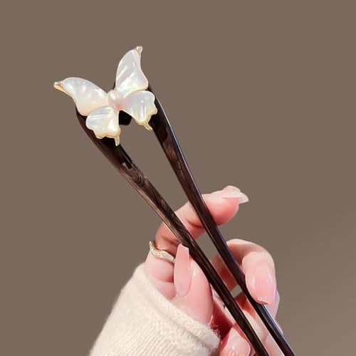 Handmade Wooden Hair Pin – U-Shaped Hair Fork with Natural Seashell Butterfly Design, French Hair Pins Clips for Women, Elegant Pearl Accent for Updos & Bun Styling 1P