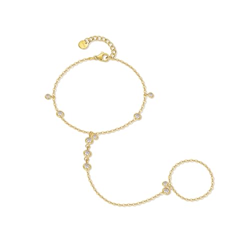 Hand Chain Bracelet Stainless Steel Finger Ring Bracelet Adjustable Gold Plated Hand Chain CZ Stackable Boho Minimalist Jewelry for Women - color: Gold Hand Chain Bracelet AN134G