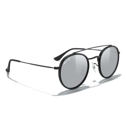 MERRY'S Retro Round Polarized Sunglasses - Unisex Double Bridge Sun Glasses - color: Matte Black Frame/Matte Black Bridge/Silver Mirror Lens