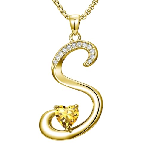 Birthday Gifts for Women 18k Gold Initial Necklaces for Women Simple Alphabets Letters with Birthstone Pendants Name Jewelry Anniversary Wedding Gifts for Sister Daughter Her (with Gift Box) - color: 11-Nov-Citrine, style: Letter S