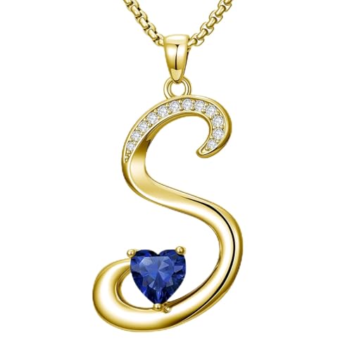 Birthday Gifts for Women 18k Gold Initial Necklaces for Women Simple Alphabets Letters with Birthstone Pendants Name Jewelry Anniversary Wedding Gifts for Sister Daughter Her (with Gift Box) - color: 09-Sept-Sapphire, style: Letter S