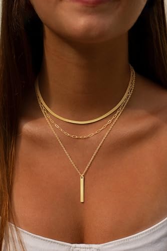 BERISO 14K Gold Plated Layered Necklace for Women, 3 Layer Dainty Gold Necklace with Minimalist Pendant, Elegant Everyday Gold Jewelry Gift - style: layered necklace-F