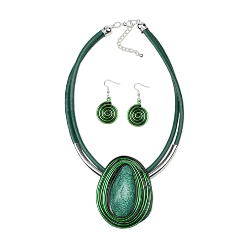 Ethnic Crystal Rhinestone Pendant Necklace Earrings Set Women Handmade Tribal Collar Choker Chunky Metal Bib Rope Chain African Statement Jewelry Set - color: NXR1484-green