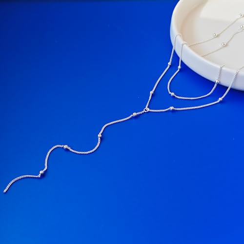 Luxval Lariat Silver Necklace for Women, Dainty Long Necklace Silver Y-Shaped Pendant Necklaces Trendy Beaded Chain Drop Necklaces Jewelry for Women Gifts - color: Silver-Bead Layered