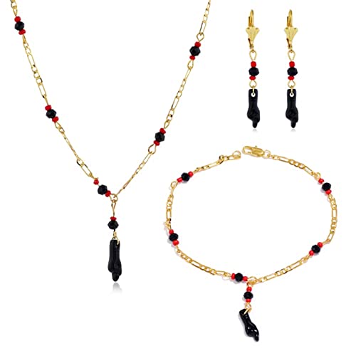 Caiyao Azabache Hand Figa Charm Stainless Steel Link Chain Bracelet Pendant Necklace Drop Dangle Earring Set for Women Men Kabbalah Amulet Protection Good Luck Jewelry - color: A black